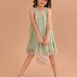 LilPicks Kids Light Green Lace Shift Dress-image-32