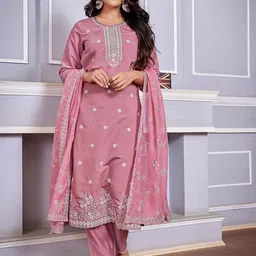 DIVASTRI Women Ethnic Motifs Embroidered Regular Kurta with Trousers & With Dupatta-image-51