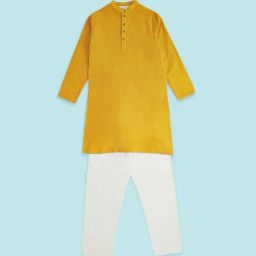 Indus Route by Pantaloons Kids Mustard & White Cotton Textured Pattern Full Sleeves Kurta Set-image-93