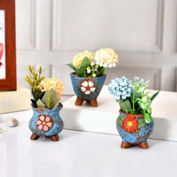 Tayhaa Blue & Brown Ceramic Enamel Painted Flower Design Planters - Set of 3-image-42