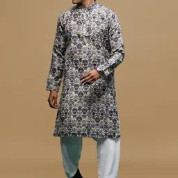 Sanwara Floral Printed Mandarin Collar Linen Straight Kurta with Patiala-image-60