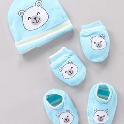 Babyhug 100% Cotton Cap Mitten Booties Set Bear Printed - Blue-18