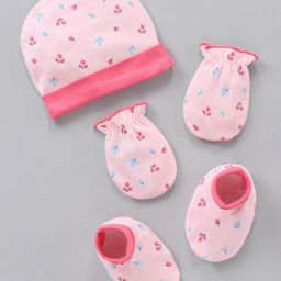 Babyhug 100% Cotton Cap Mittens & Booties Castle Print Pink - Diameter 9.5 cm-image-87