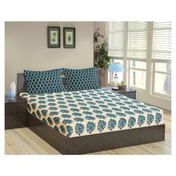 Trance Home Linen Pure Cotton King Size Fitted Bedsheet with Pillow Covers - Blue-image-78