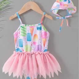 Babyhug Sleeveless Frock Swimsuit Ice Cream Print - Pink-image-11