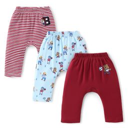 Babyhug Cotton Knit Full Length Diaper Pants Striped & Teddy Print Pack Of 3 - Maroon & Blue-image-80