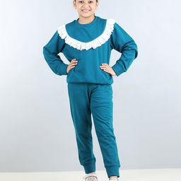 Aww Hunnie Full Sleeves Frill Detailed & Lace Embellished Autumn Winter Wear Sweatshirt With Side Pockets Lower - Blue-image-77