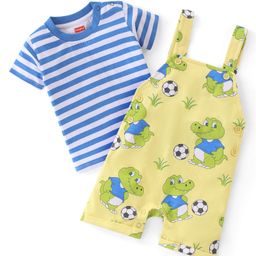 Babyhug 100% Cotton Single Jersey Knit Dino Printed Dungaree and Half Sleeves Striped T-Shirt Set - Blue & Yellow-image-10