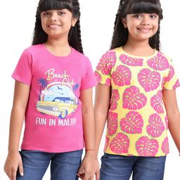 Honeyhap Premium 100% Cotton Single Jersey Half Sleeves Tropical & Beach Printed T-Shirts With Bio Finish Pack of 2 - Gold Finch Yellow & Magenta Pink-image-99