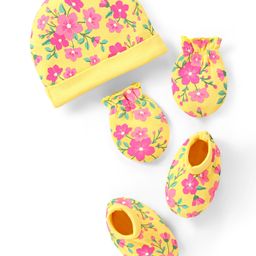 Babyhug 100% Cotton Cap Mittens & Booties Set Floral Print - Yellow-image-41