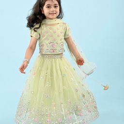 Babyhug Woven Half Sleeves Choli Lehenga & Dupatta Set with Floral Embroidery - Yellow-image-70