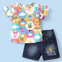 Babyhug Disney Single Jersey Knit Frill Sleeve Top and Denim Shorts with Winnie the Pooh Graphics- White & Blue-image-6