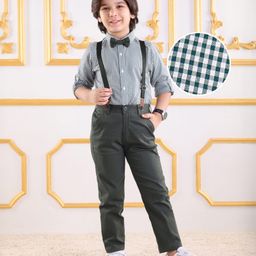 Mark & Mia Full Sleeves Checkered Shirt & Trouser Set with Bow  Suspender - Dark Green & White-image-25