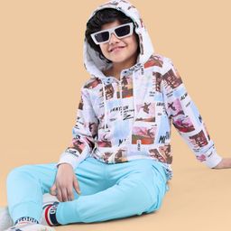 Ollington St. 100% Cotton Knit Full Sleeves Hooded Front zipper Sweatjacket & Joggers Set  with Text Print - White & Blue-image-82