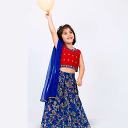Twisha Sleeveless Floral Embroidered & Mirror Work Detailed Lehenga Choli With Dupatta Set - Red & Blue-image-41