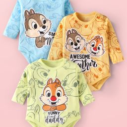 Babyhug Disney Interlock Knit Full Sleeves Chip N Dale Printed Onesies Pack of 3 - Light Blue Yellow & Light Green-image-86