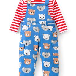 Babyhug Single Jersey Knit Dungaree and FullSleeves Striped T-Shirt Set with Bear Print - Red & Blue-image-79