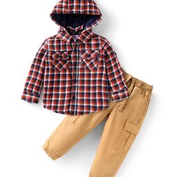 Babyhug Cotton Woven Full Sleeves Hooded Checkered Shirt & Lounge Pant Set - Beige & Rust Orange-image-9