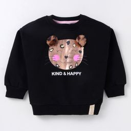 Little Kangaroos Cotton Knit Full Sleeves Sweatshirt with Foil Print & Pom Pom Applique - Black-image-3