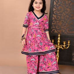 Superminis Cotton Half Sleeves Lace Embellished Floral Printed Kurta With Coordinating Sharara Set - Pink-image-98