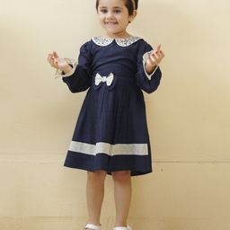 Tiny Twills Viscose Rayon Three Fourth Puffed Sleeves Schiffli Embroidered & Lace Embellished Dress - Navy Blue-image-56