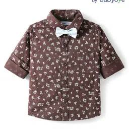 Babyoye Cotton Woven Full Sleeves Party Shirt With Floral Print & Bow - Brown-picture-3