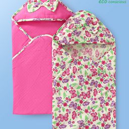 Babyoye 100% Organic Muslin Woven Hooded Wrapper with Butterfly Print & Bow Applique L 81 x B 81 cm Pack of 2 - Dark Pink & Cream-image-97