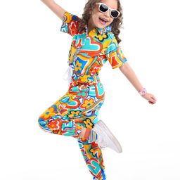 Ollington St. 100% Cotton Knit Floral Printed Co-Ord Set Of Half Sleeves Top & Joggers - Multicolor-image-98