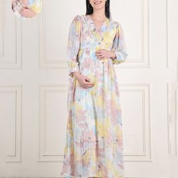 Moms Maternity Georgette Full Sleeves Floral Printed Maternity Maxi Dress With Front Open Nursing Access - Yellow & Pink-image-4