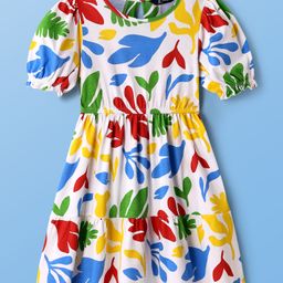 Pine Kids Cotton Knit Half Puffed Sleeves Dress with Leaves Print - White-image-59