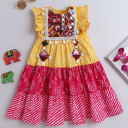 TINY MINY MEE Cotton Rayon Sleeveless Bandhani Designed & Lehriya Printed Mirror Work Embellished & Embroidered Dress - Multi Colour-image-27