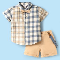 ToffyHouse Poplin Woven Half Sleeves Checkered Shirt & Shorts Set with Bow & Suspender - Beige-picture-23