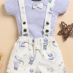 Wonderchild Half Sleeves Bow Applique Detailed Tee & Bear Printed Suspender Attached Shorts Set - Grey & Lemon-image-2