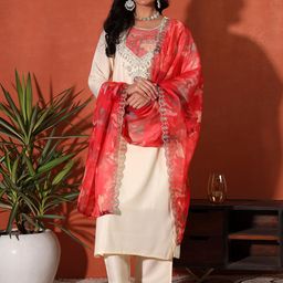 Sangria Floral Yoke Design Thread Work Straight Kurta With Trouser And Dupatta-7