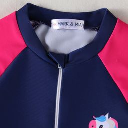 Mark & Mia Full Raglan Sleeves Legged Swimsuit With Color Block Design & Unicorn Print - Navy Blue & Pink image 3