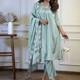 sweetpel Women Solid A-Line Kurta with Trousers & Dupatta-picture-42