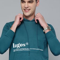 Mast & Harbour Men Teal Blue Printed Hooded Sweatshirt-image-39
