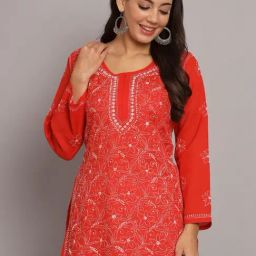 PARAMOUNT CHIKAN Red Cotton Hand Embroidered Chikankari Straight Kurti-image-56