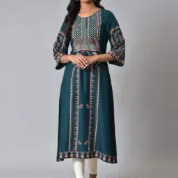 W Teal Blue Printed A Line Kurta-picture-18