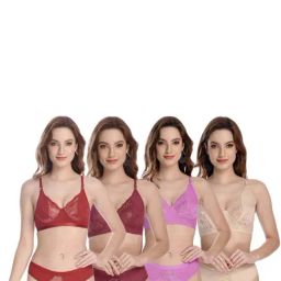 AROUSY Red & Pink Self Pattern Bra Panty Set - Pack Of 4-image-75