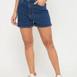MADAME Mid Blue Solid Shorts-18