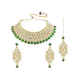 Peora Gold-Plated Green Crystal Choker Necklace Earring & Maangtikka Set Wedding Jewellery-38