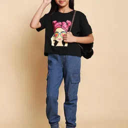 HERE&NOW Girls Printed Short Sleeves Pure Cotton T-shirt With Joggers-picture-12