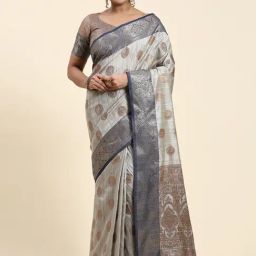 JUST FASHION Grey Silk Woven Saree With Unstitched Blouse-image-95