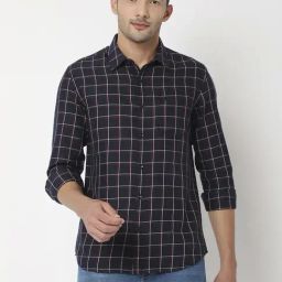 Spykar Navy Blue Cotton Slim Fit Checks Shirt-image-10