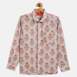 VASTRAMAY Kids Off-White & Red Linen Floral Print Shirt-43