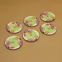ICRAFT Groovy Mint Series Green & Beige Mdf Round Coaster - Set of 6-10