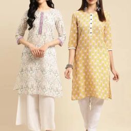 Rangita Yellow & Off White Floral Print Straight Kurti - Pack of 2-image-16