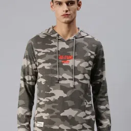 SHOWOFF Grey Cotton Slim Fit Camouflage Hooded SweatShirt-image-100