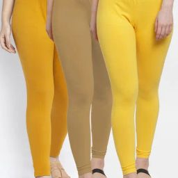 Gracit Yellow & Skin Mid Rise Leggings - Pack Of 3-image-44